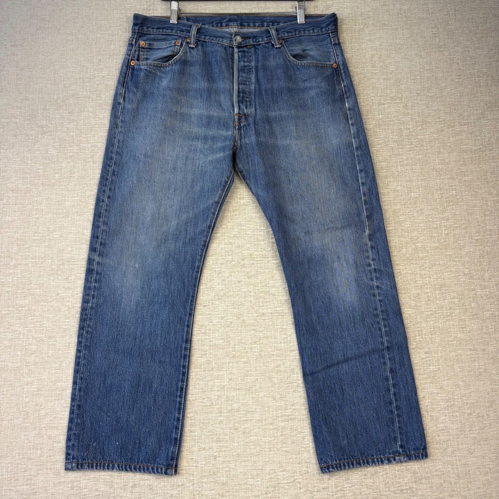 Levis 501 Mens 36x29 Jeans Dark Blue HighLow Faded Denim Honeycombing Wash